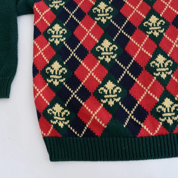 Vintage Talbots Red Green Fleur de Lis Argyle Preppy Plaid Crewneck Sweater XL - Picture 7 of 11
